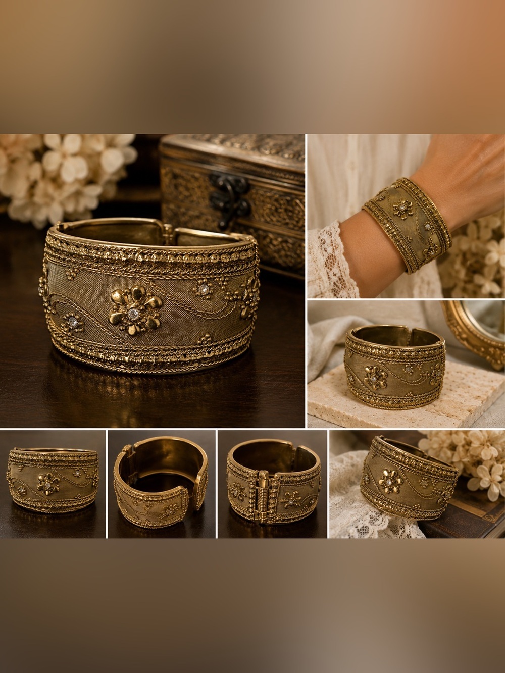 Vintage Gold Mesh Floral Hinge Bracelet Rhinestone Wide Cuff Statement